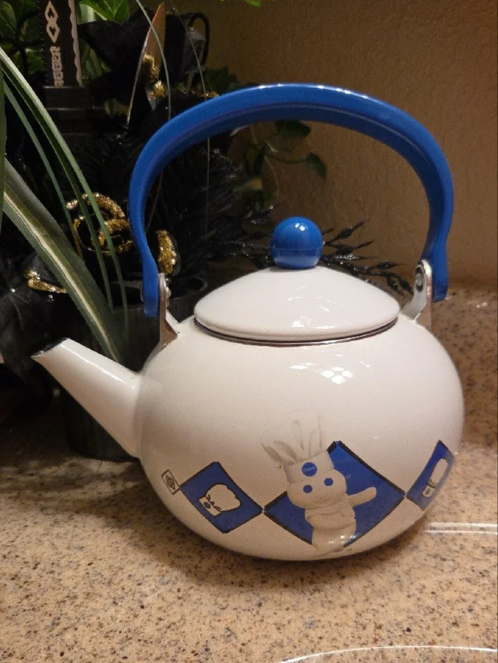 1999 Pillsbury doughboy Teapot with Blue Handle and Decorative Blue Accents